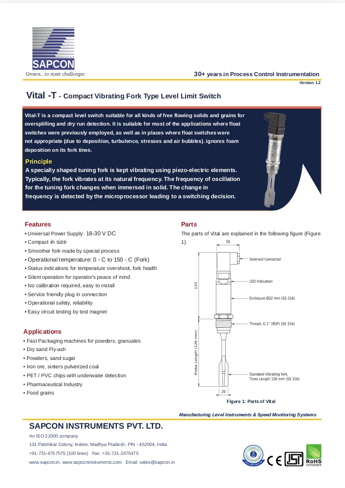 Vibrating Fork Level Sensor Datasheet